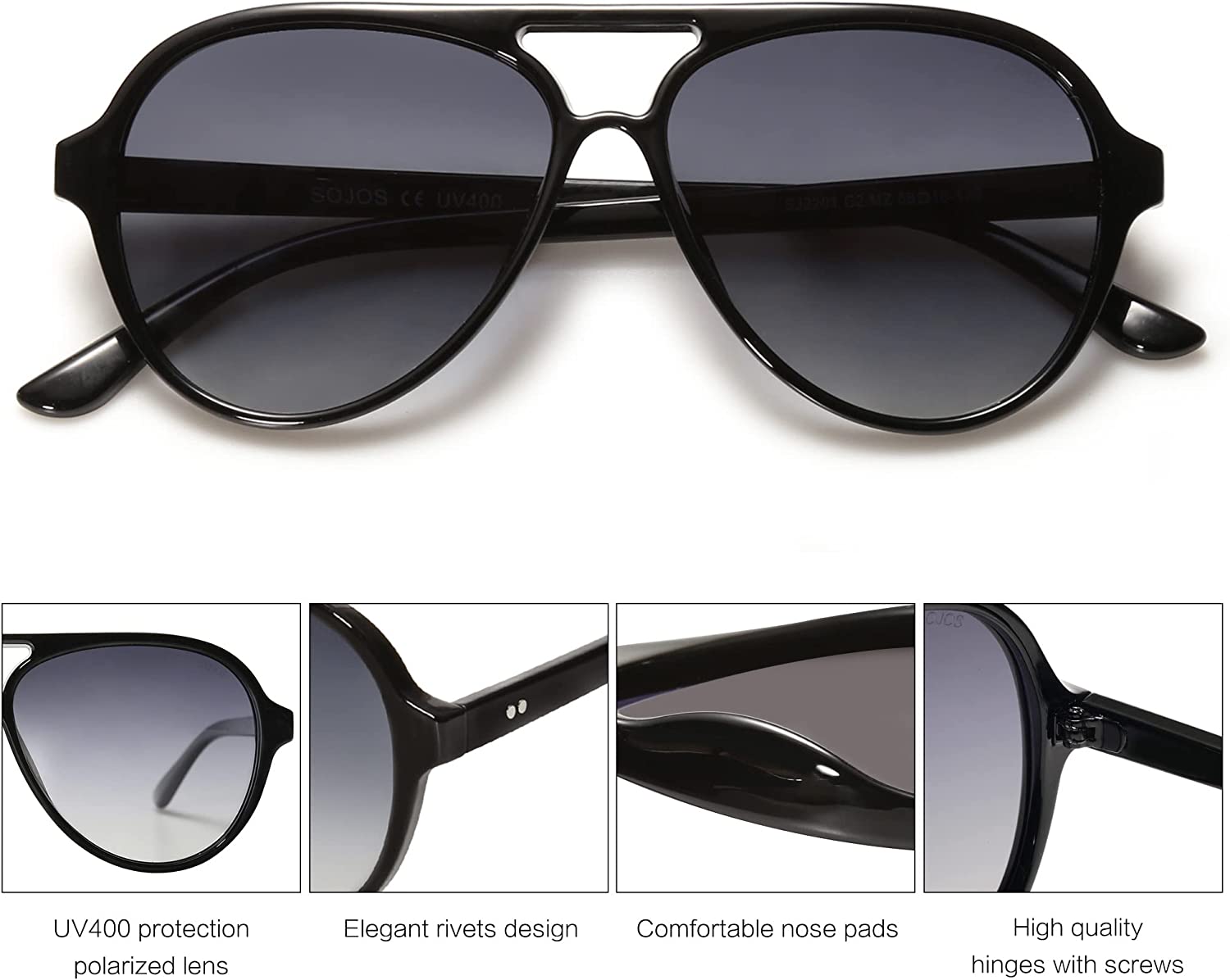 SOJOS Retro Square Aviator Sunglasses Womens Mens Double Bridge Metal Sun  Glasses SJ1176