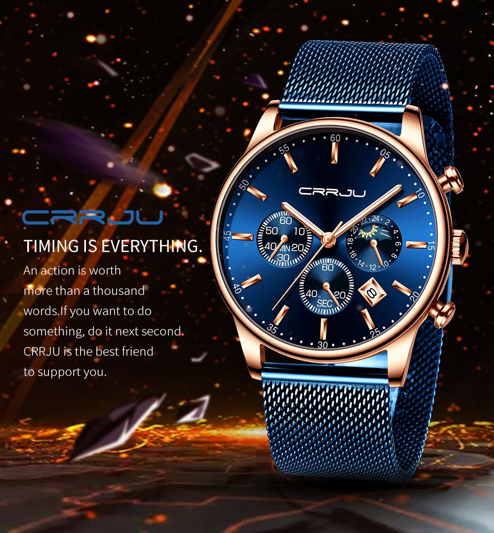 2021 Men Slim Watches Crrju Fashion Casual Date Waterproof Mesh Strap  Watches For Men Cool Black Quartz Steel Wrist Watch - Quartz Wristwatches